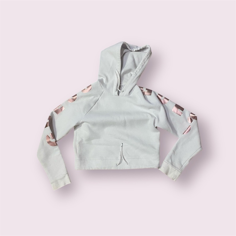 GUESS White Cropped Hoodie w/ Rose Gold Lettering